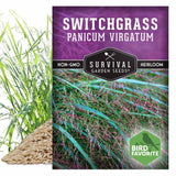 Survival Garden Seeds Switchgrass package with images of grass and seeds.