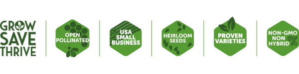A horizontal banner with six green hexagonal icons and text on a white background. The left text reads 'GROW SAVE THRIVE' and the icons say 'OPEN POLLINATED', 'USA SMALL BUSINESS', 'HEIRLOOM SEEDS', 'PROVEN VARIETIES', and 'NON-GMO NON HYBRID'.