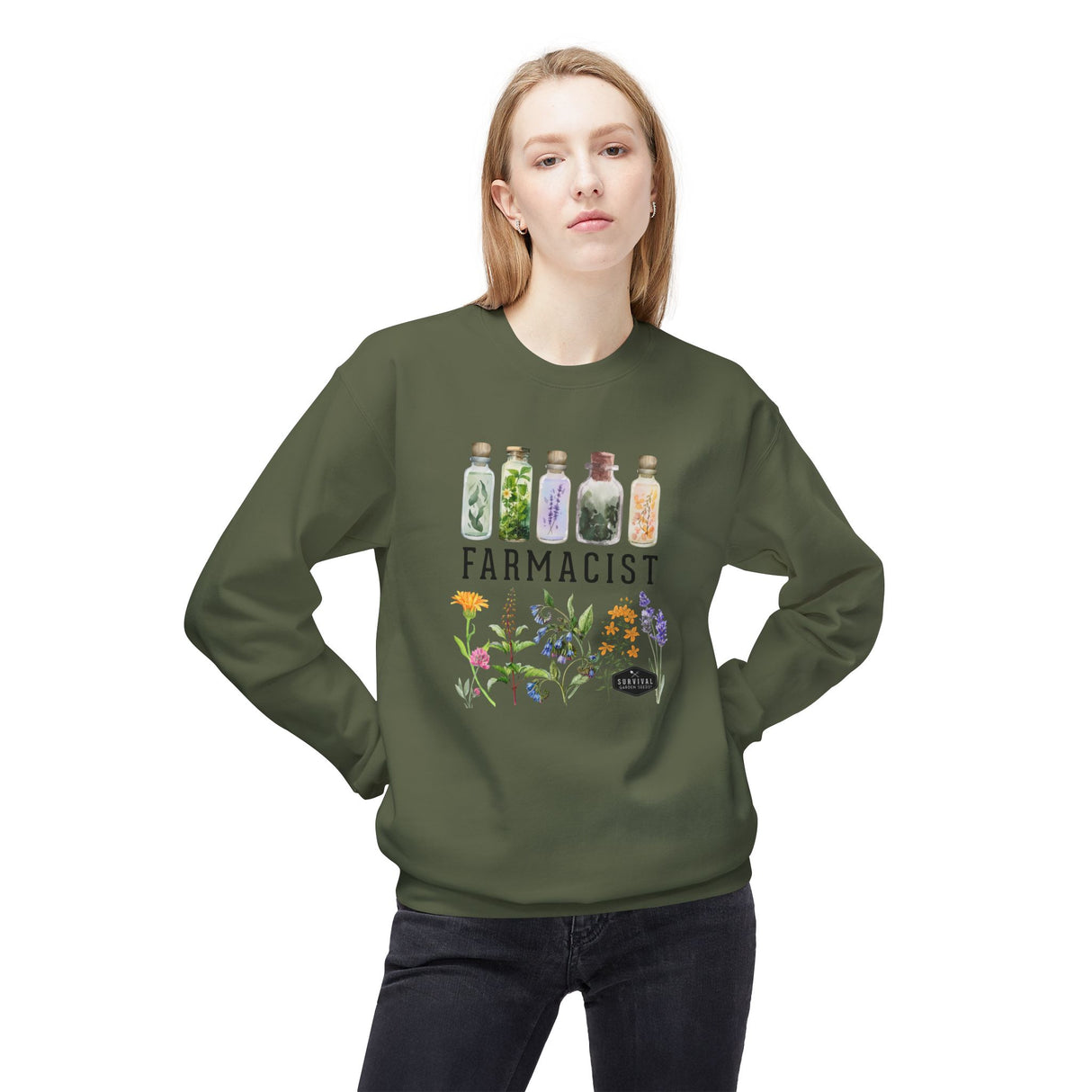 Unisex Sweatshirt - Farmacist - on model - Military Green