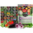 A bundle of 30 Survival Garden Seed Heirloom Seed Packets arranged in a grid, with various fresh vegetables and flowers placed in front on a white background. The packaging features colorful illustrations of different vegetables and fruits, and the brand name 'Survival Garden Seeds' is clearly visible.