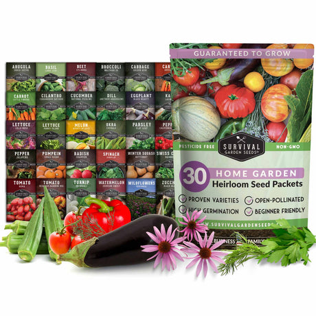 A bundle of 30 Survival Garden Seed Heirloom Seed Packets arranged in a grid, with various fresh vegetables and flowers placed in front on a white background. The packaging features colorful illustrations of different vegetables and fruits, and the brand name 'Survival Garden Seeds' is clearly visible.
