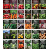 A 6x5 grid of 30 seed packet illustrations for various vegetables and herbs, including pepper, lettuce, radish, spinach, tomato, arugula, carrot, watermelon, zucchini, basil, cucumber, dill, eggplant, pumpkin, kale, wildflowers, melon, okra, parsley, winter squash, Swiss chard, cabbage, turnip, cilantro, and broccoli. Each packet shows a colorful photo of the produce and a dark label with the plant name and 'SUNRISE SEED CO.