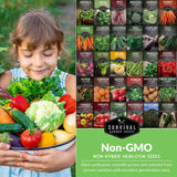 A promotional seed packet for Survival Garden Seeds featuring a young girl holding a plate of fresh vegetables on the left, and a grid of individual vegetable seed labels on the right. The bottom section is green with the text 'Non-GMO Non-Hybrid Heirloom Seeds' and 'Survival Garden Seeds' brand logo.