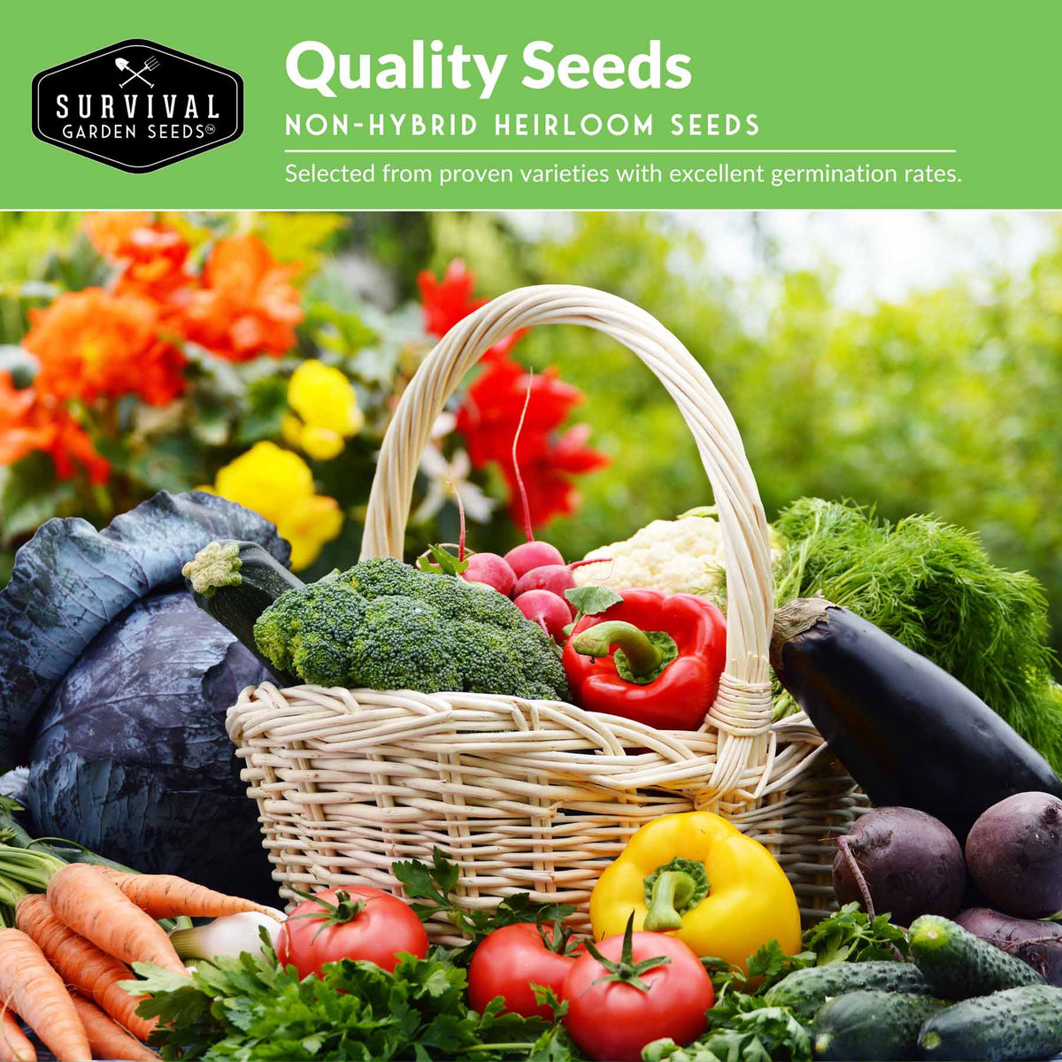 A wicker basket filled with fresh vegetables, including broccoli, red pepper, radishes, cauliflower, eggplant, carrots, tomatoes, and cucumbers, set in a garden. A green banner at the top reads 'Quality Seeds Non-Hybrid Heirloom Seeds' with the Survival Garden Seeds logo.