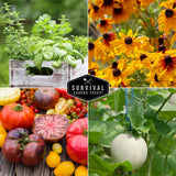 A four-panel collage showing garden plants and produce: basil in a wooden crate, yellow/black flowers, assorted tomatoes and peppers, and a melon on the vine. A central logo reads Survival Garden Seeds.