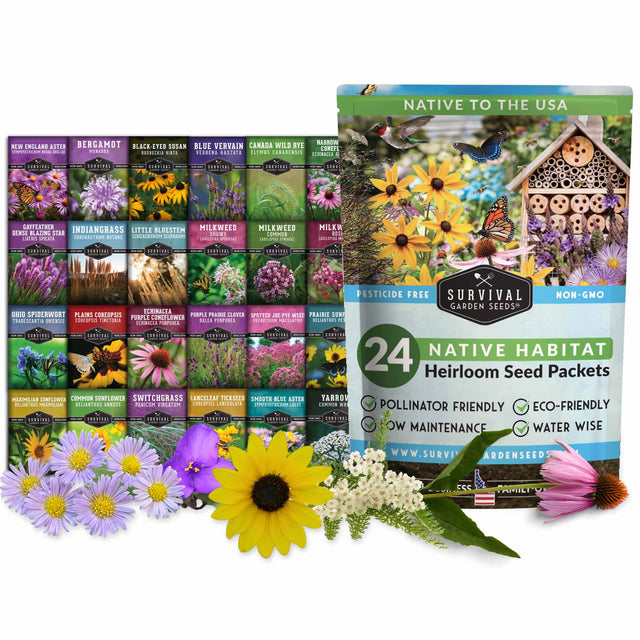 A bag of Survival Garden Seeds Native Habitat Heirloom Seed Packets stands next to a grid of 24 individual seed packet cards, decorated with various colorful wildflowers on a white background.