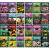 A 4x5 grid of 20 seed packet covers for Sorralias brand native wildflowers, showing different flower varieties with photos of the blooms and insects on a white background.