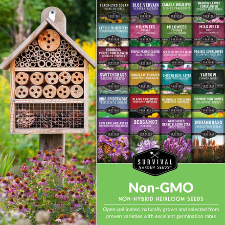 A wooden house-shaped insect hotel mounted on a post in a garden, next to a large promotional panel for Survival Garden Seeds non-GMO non-hybrid heirloom seeds. The panel shows many small colorful flower and plant labels with names like Blue Vervain, Canada Wild Rye, Milkweed, Schwaigerz, and Bergamot, plus a green footer reading 'Non-GMO Non-Hybrid Heirloom Seeds.