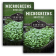 Packaging for Broccoli Microgreens Seeds with a picture of young green broccoli plants. The brand is Survival Garden Seeds, emphasizing non-GMO and heirloom qualities.