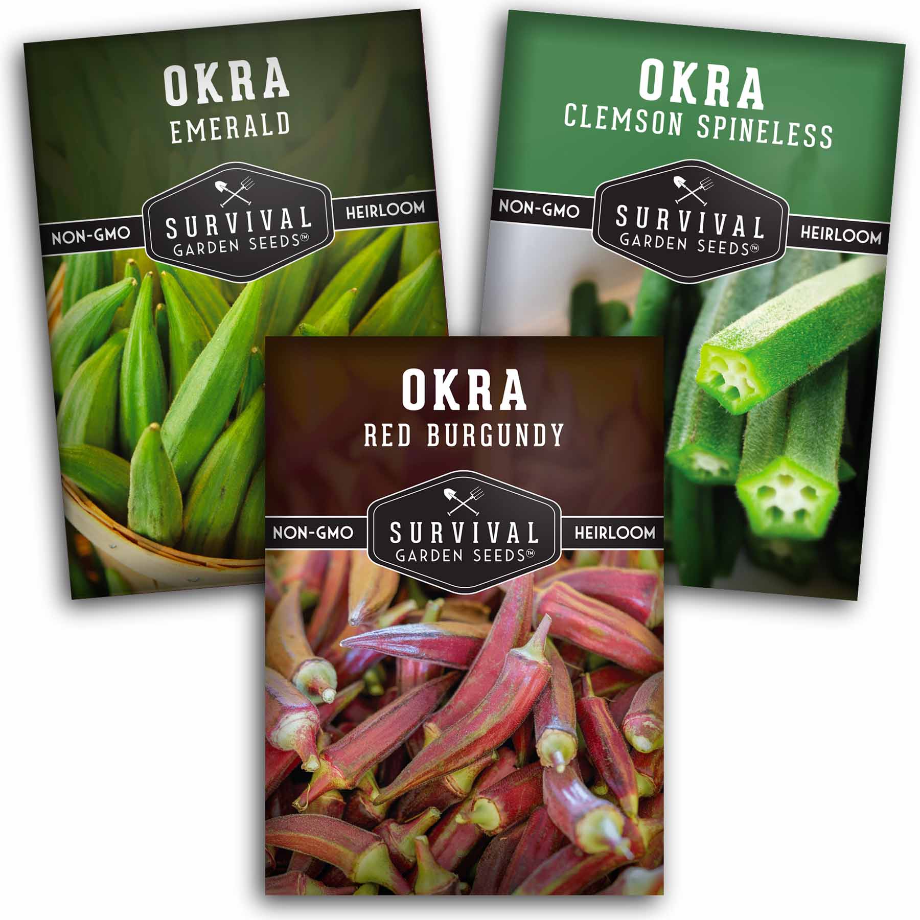 3 Okra Seeds Collection - Emerald, Red Burgundy, Clemson Spineless