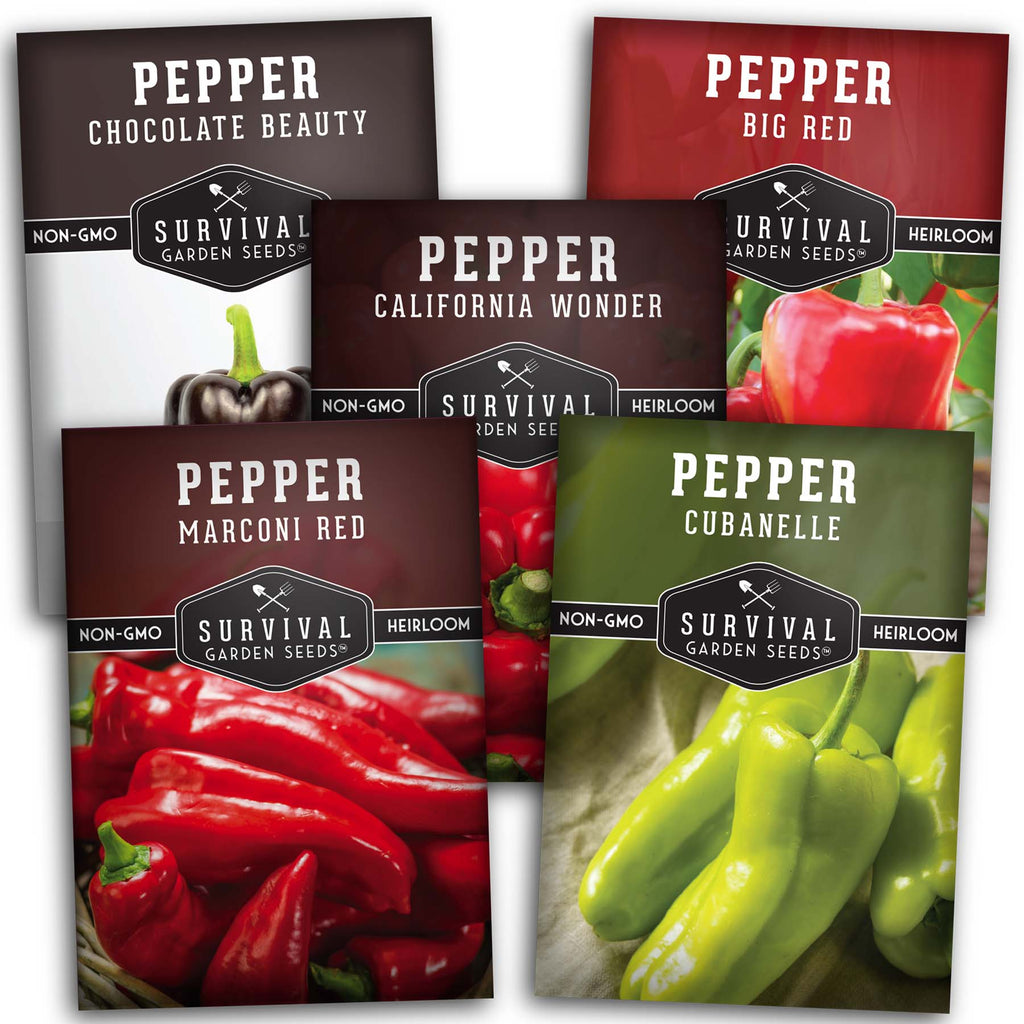 Sweet Pepper Collection - California Wonder Bell, Marconi Red, Cubanelle, Chocolate Beauty, and Big Red Peppers