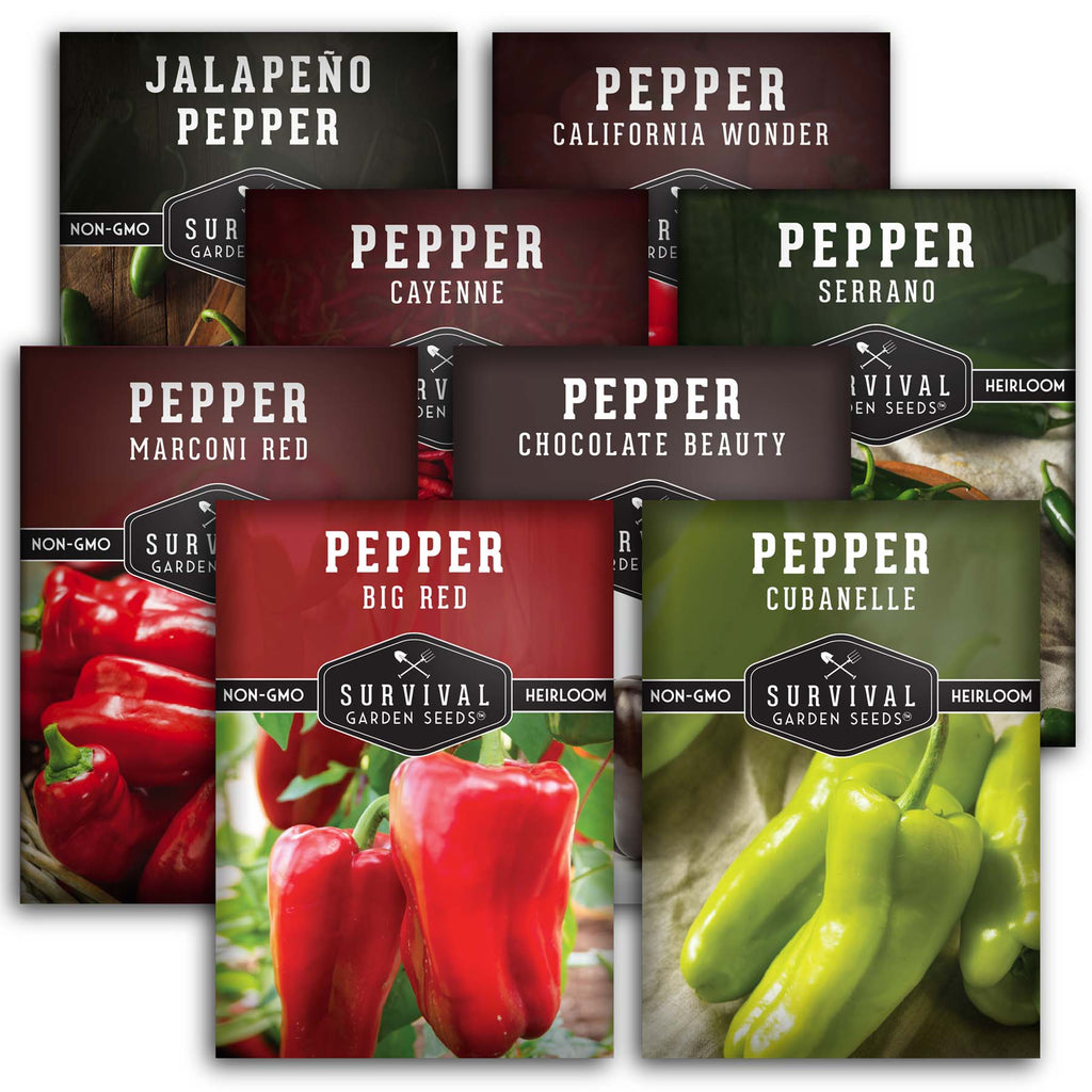 Eight Peppers Collection - Big Red, Cayenne, Jalapeño, Serrano, California Wonder, Marconi Red, Chocolate Beauty, & Cubanelle