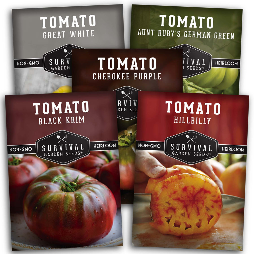 Colorful Tomato Collection - Black Krim, Great White, Aunt Ruby’s German Green, Hillbilly & Cherokee Purple